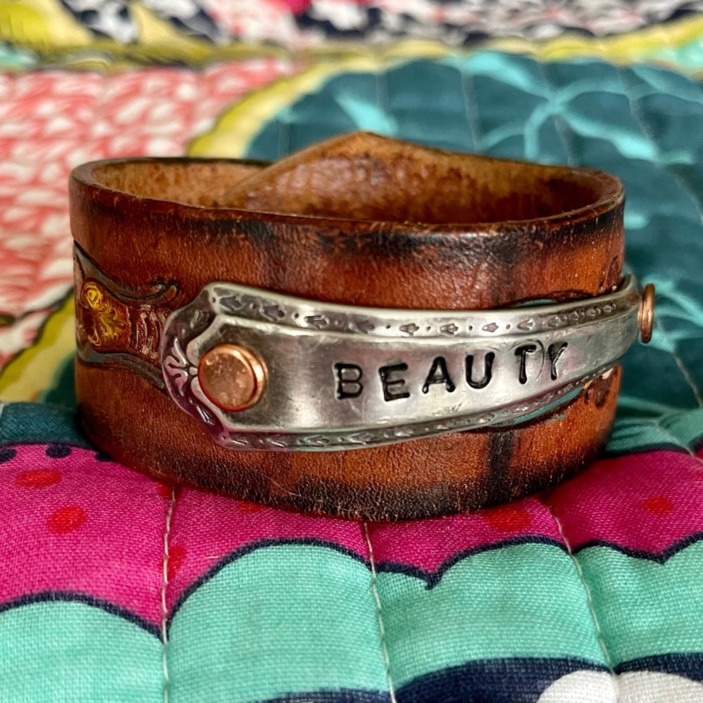 Upcycled Leather Belt Boho Spoon Bracelet 8.0 Hippie